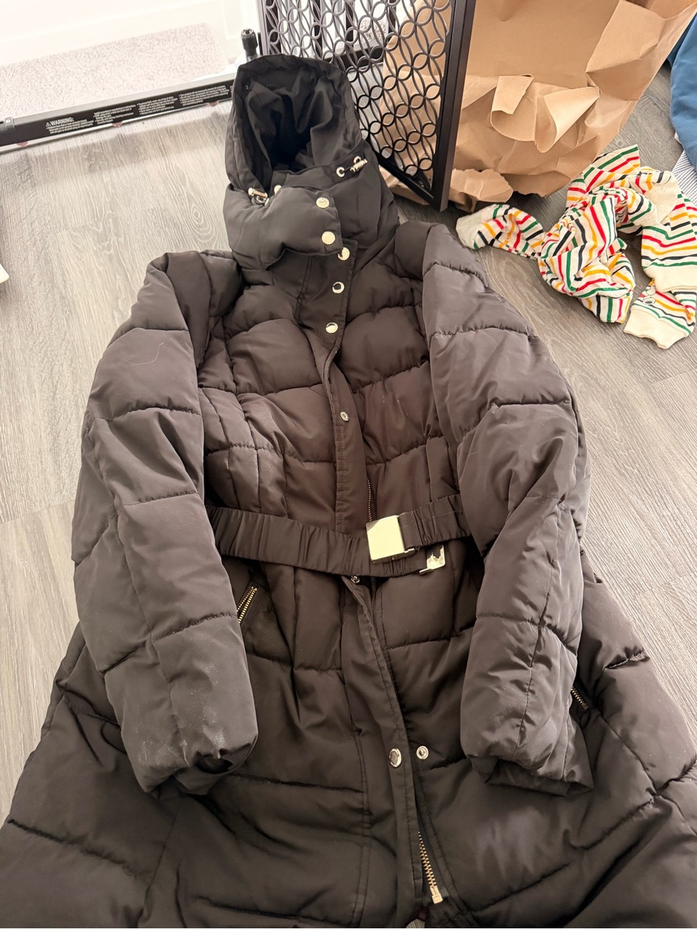 Tommy Hilfiger Black Quilted Belted Puffer Coat with Hood